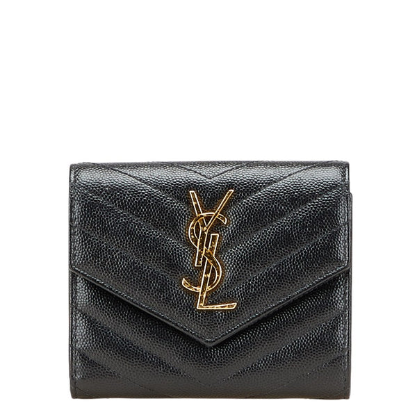 サンローラン YSL Vステッチ 三つ折り財布 403943 ブラック レザー レディース SAINT LAURENT 【中古】