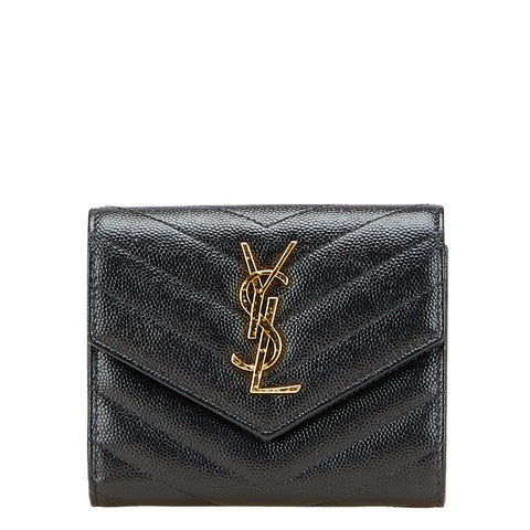 サンローラン YSL Vステッチ 三つ折り財布 403943 ブラック レザー レディース SAINT LAURENT 【中古】