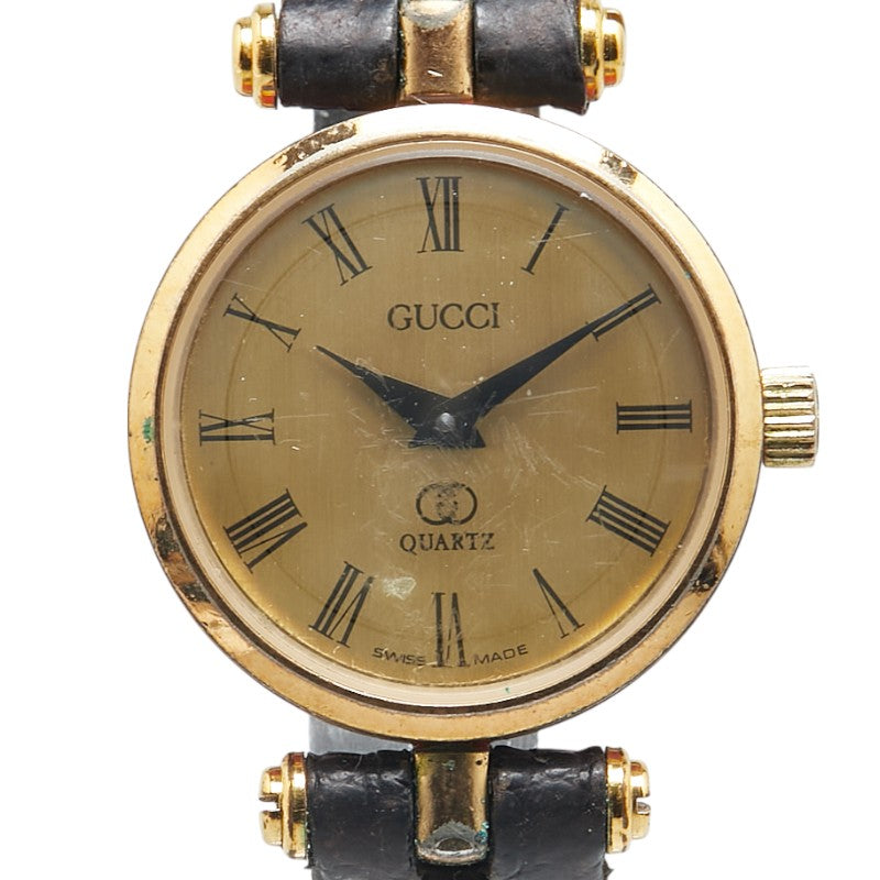 グッチ シェリーライン 腕時計 クオーツ ゴールド文字盤 メッキ レザー メンズ GUCCI 【中古】