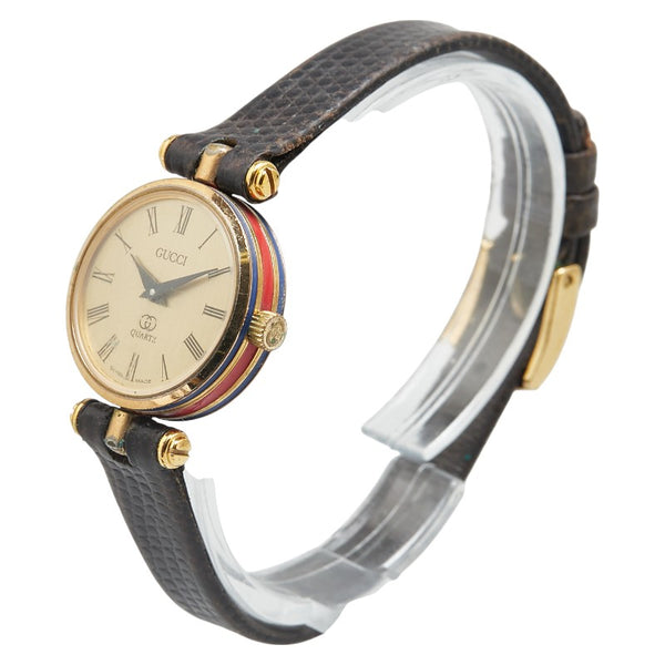 グッチ シェリーライン 腕時計 クオーツ ゴールド文字盤 メッキ レザー メンズ GUCCI 【中古】