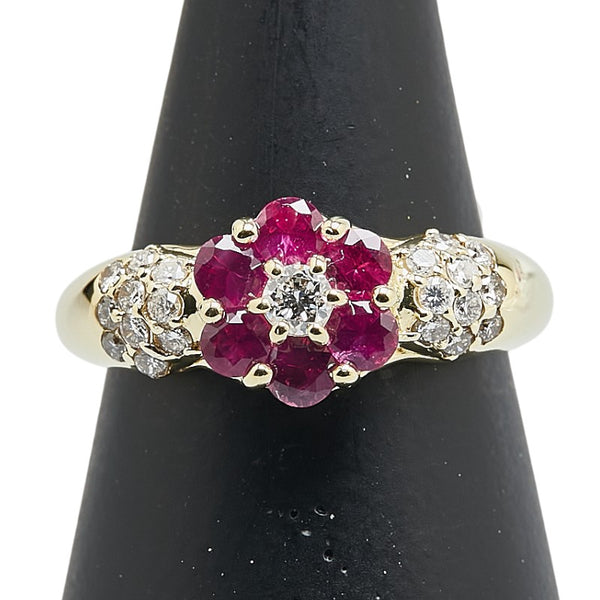 K18YG イエローゴールド ルビー0.70ct ダイヤ0.40ct フラワー モチーフ リング 指輪 レディース 13.5号 【中古】