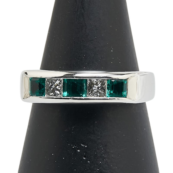 Pt900 プラチナ エメラルド0.60ct ダイヤ0.33ct 一文字 リング 指輪 レディース 12.5号 【中古】
