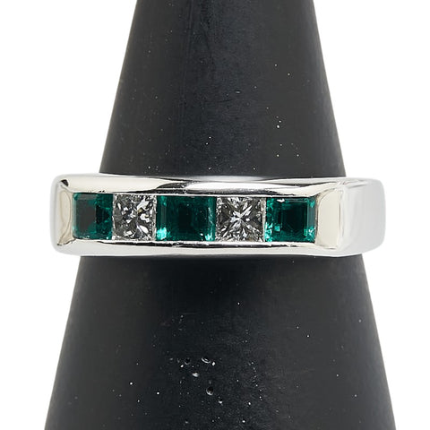Pt900 プラチナ エメラルド0.60ct ダイヤ0.33ct 一文字 リング 指輪 レディース 12.5号 【中古】