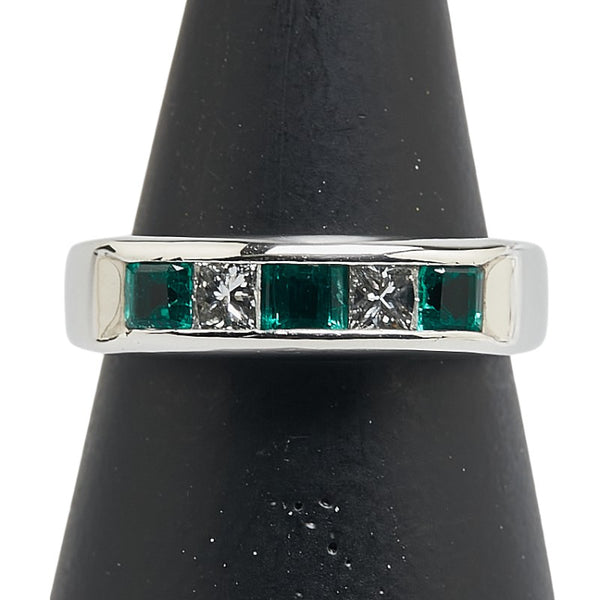 Pt900 プラチナ エメラルド0.60ct ダイヤ0.33ct 一文字 リング 指輪 レディース 12.5号 【中古】