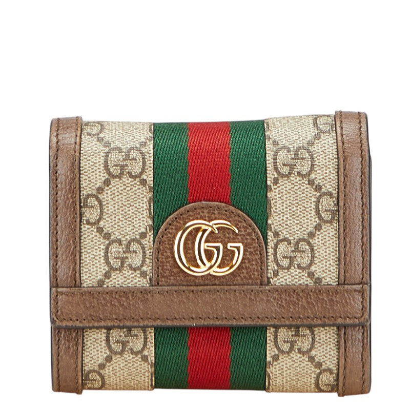 グッチ GGスプリーム オフィディア 三つ折り財布 523174 ベージュ ブラウン PVC レザー レディース GUCCI 【中古】