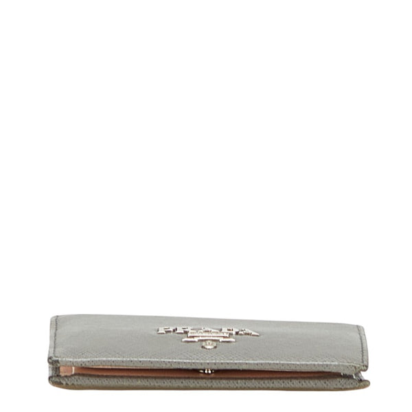 プラダ ロゴ 二つ折り財布 グレー レザー レディース PRADA 【中古】