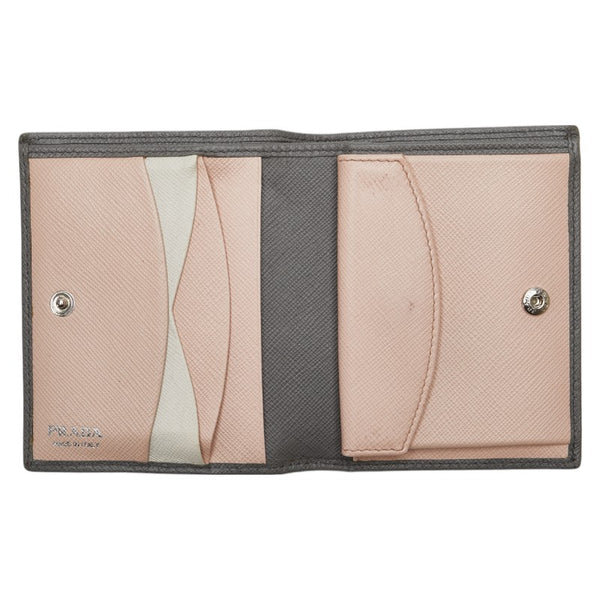 プラダ ロゴ 二つ折り財布 グレー レザー レディース PRADA 【中古】
