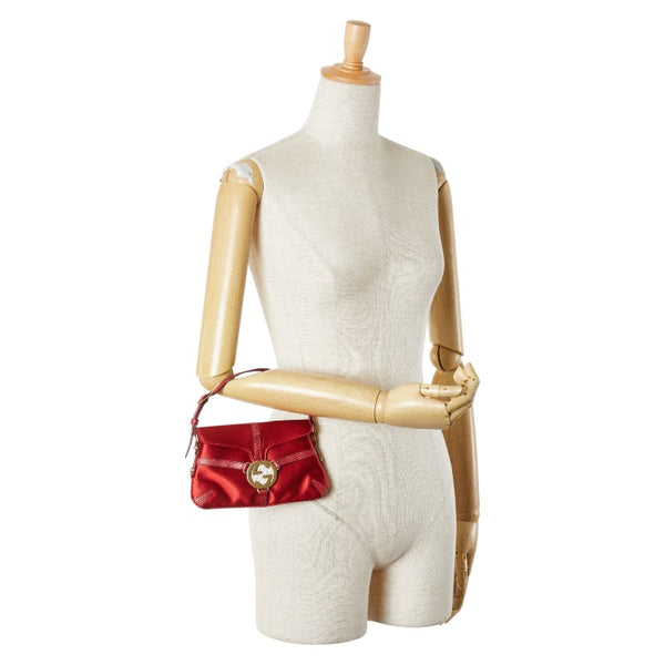 グッチ インターロッキングG ミニ ハンドバッグ レッド サテン レザー レディース GUCCI 【中古】