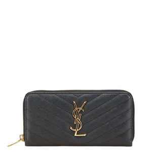 サンローラン YSLロゴ Vステッチ 長財布 ラウンドファスナー ブラック レザー レディース SAINT LAURENT 【中古】