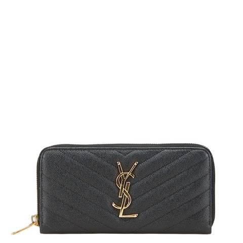 サンローラン YSLロゴ Vステッチ 長財布 ラウンドファスナー ブラック レザー レディース SAINT LAURENT 【中古】