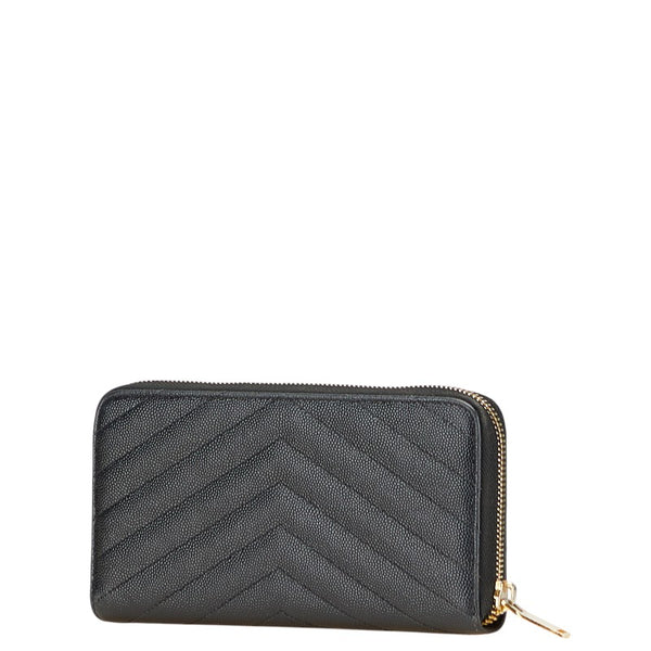 サンローラン YSLロゴ Vステッチ 長財布 ラウンドファスナー ブラック レザー レディース SAINT LAURENT 【中古】