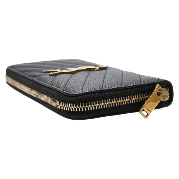 サンローラン YSLロゴ Vステッチ 長財布 ラウンドファスナー ブラック レザー レディース SAINT LAURENT 【中古】