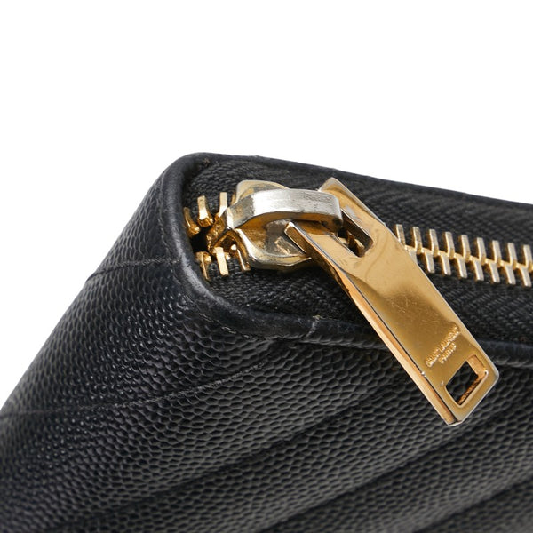 サンローラン YSLロゴ Vステッチ 長財布 ラウンドファスナー ブラック レザー レディース SAINT LAURENT 【中古】