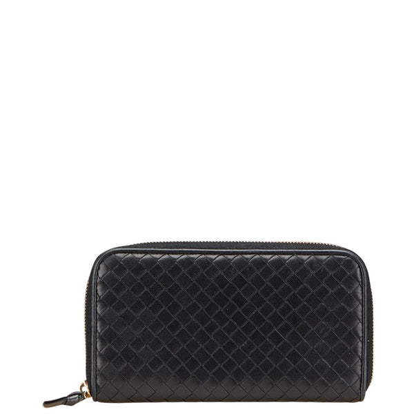 ボッテガヴェネタ イントレチャート ラウンドファスナー 長財布 ブラック レザー レディース BOTTEGAVENETA 【中古】