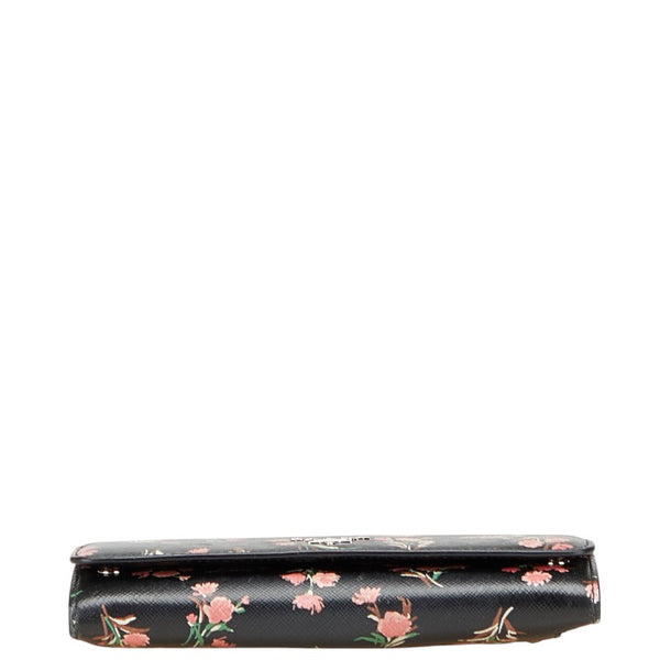 プラダ 花 フラワー モチーフ 長財布 ブラック ピンク レザー レディース PRADA 【中古】