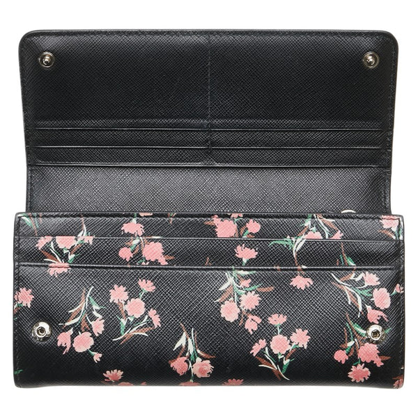 プラダ 花 フラワー モチーフ 長財布 ブラック ピンク レザー レディース PRADA 【中古】