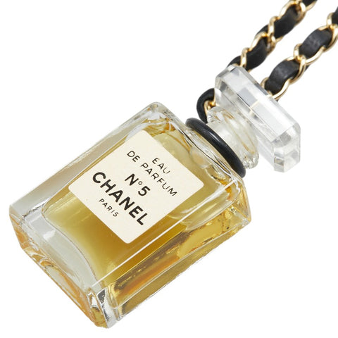 シャネル パフューム ナンバー5 NO.5 チェーン ネックレス ゴールド ブラック メッキ レザー レディース CHANEL 【中古】