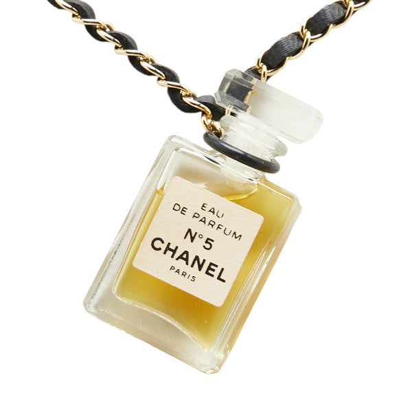 シャネル パフューム ナンバー5 NO.5 チェーン ネックレス ゴールド ブラック メッキ レザー レディース CHANEL 【中古】