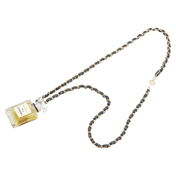 シャネル パフューム ナンバー5 NO.5 チェーン ネックレス ゴールド ブラック メッキ レザー レディース CHANEL 【中古】