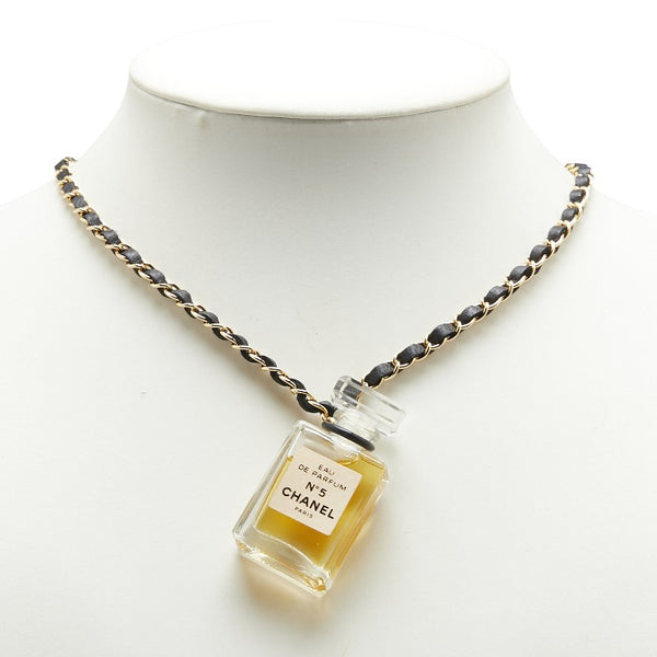 シャネル パフューム ナンバー5 NO.5 チェーン ネックレス ゴールド ブラック メッキ レザー レディース CHANEL 【中古】