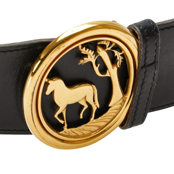 エルメス ホースバックル ベルト サイズ：80 ブラック ブラウン レザー レディース HERMES 【中古】