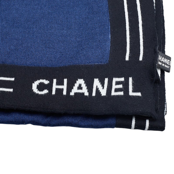 シャネル ロゴプリント ニット ストール ネイビー ブラック ホワイト カシミヤ コットン レディース CHANEL 【中古】