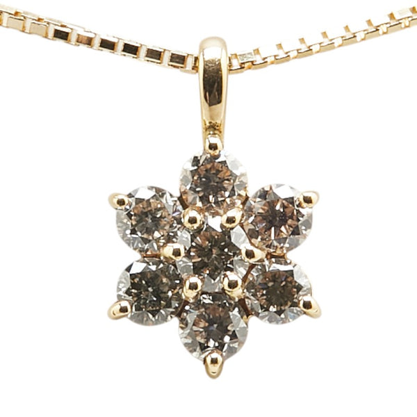 K18YG イエローゴールド ダイヤ0.36ct フラワー 花 モチーフ ペンダントネックレス レディース 【中古】