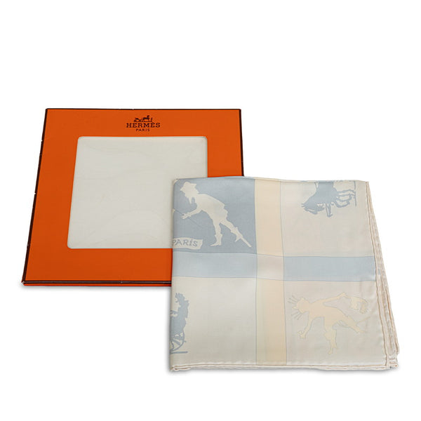エルメス カレ90 JEUX DOMBRES 影絵遊び スカーフ ホワイト ライトブルー シルク レディース HERMES 【中古】