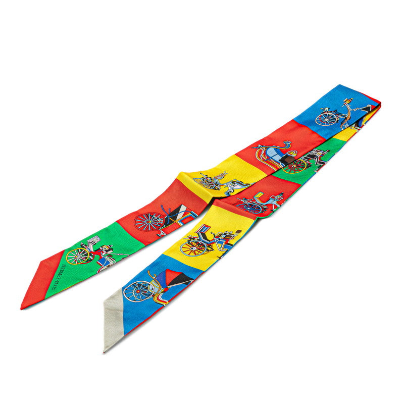 エルメス ツイリー 馬車 スカーフ レッド ブルー マルチカラー シルク レディース HERMES 【中古】