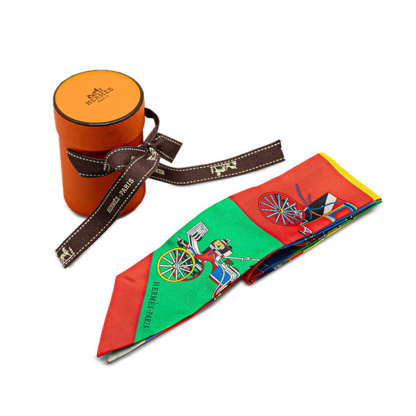 エルメス ツイリー 馬車 スカーフ レッド ブルー マルチカラー シルク レディース HERMES 【中古】