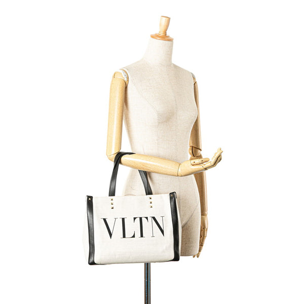 ヴァレンティノ VLTN ロックスタッズ ハンドバッグ トートバッグ ホワイト ブラック キャンバス レディース VALENTINO 【中古】