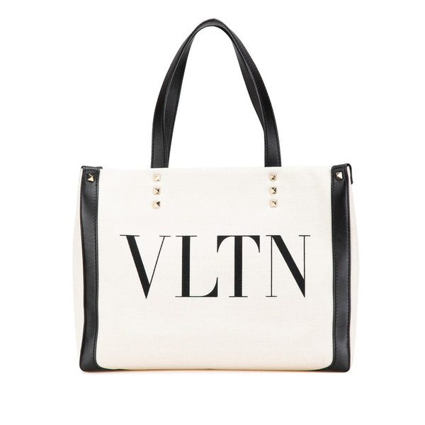 ヴァレンティノ VLTN ロックスタッズ ハンドバッグ トートバッグ ホワイト ブラック キャンバス レディース VALENTINO 【中古】