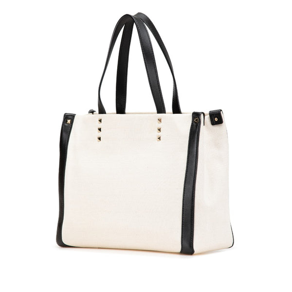 ヴァレンティノ VLTN ロックスタッズ ハンドバッグ トートバッグ ホワイト ブラック キャンバス レディース VALENTINO 【中古】