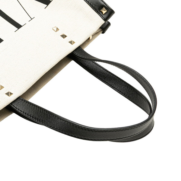 ヴァレンティノ VLTN ロックスタッズ ハンドバッグ トートバッグ ホワイト ブラック キャンバス レディース VALENTINO 【中古】