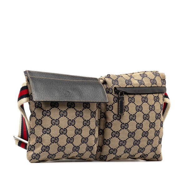 グッチ GGキャンバス ボディバッグ ウエストバッグ 28566 ベージュ ネイビー キャンバス レザー レディース GUCCI 【中古】