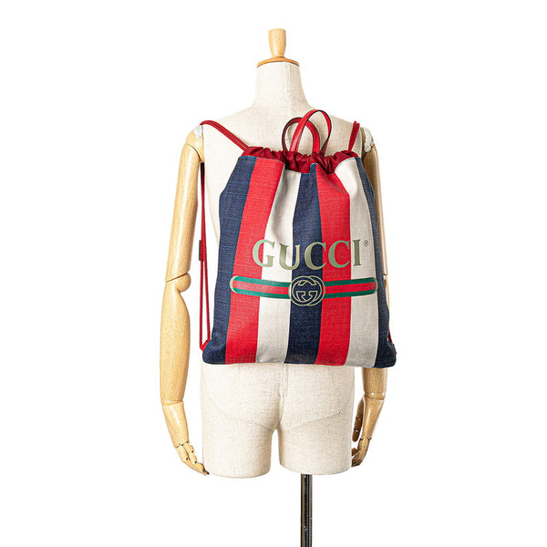 グッチ プリント ミディアム ドローストリング ナップサック 473872 レッド ホワイト マルチカラー キャンバス レザー レディース GUCCI 【中古】