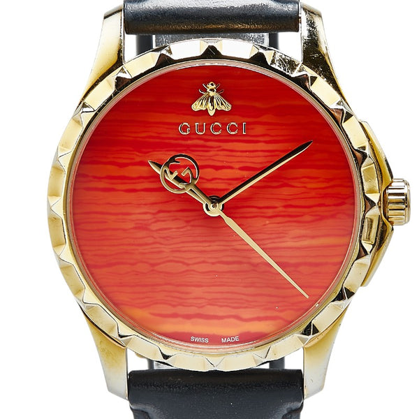 グッチ Gタイムレス 腕時計 126.4 クオーツ レッド文字盤 ステンレススチール レザー レディース GUCCI 【中古】