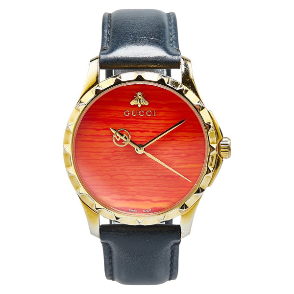 グッチ Gタイムレス 腕時計 126.4 クオーツ レッド文字盤 ステンレススチール レザー レディース GUCCI 【中古】