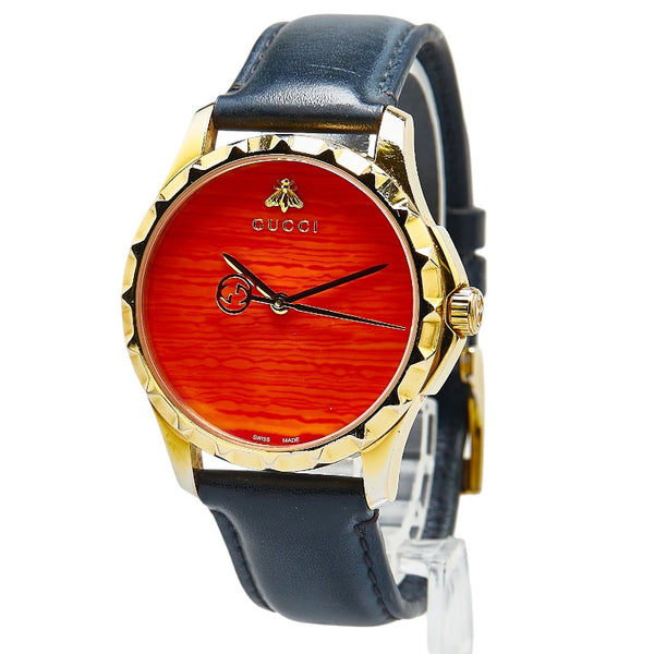 グッチ Gタイムレス 腕時計 126.4 クオーツ レッド文字盤 ステンレススチール レザー レディース GUCCI 【中古】