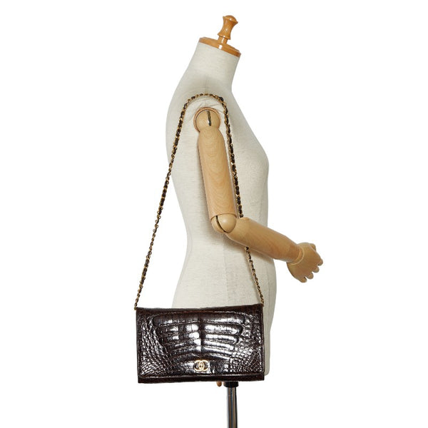 シャネル クロコダイル ココマーク チェーンショルダーバッグ ブラウン ゴールド レザー レディース CHANEL 【中古】