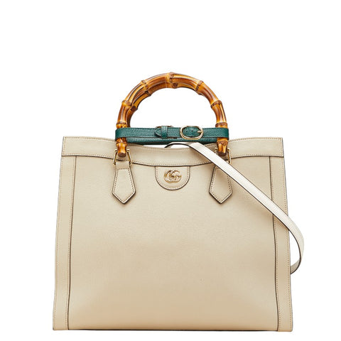 グッチ バンブー ダイアナ ミディアム ハンドバッグ ショルダーバッグ 2WAY 655658 ベージュ グリーン レザー レディース GUCCI 【中古】