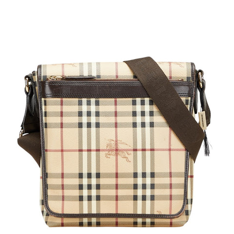バーバリー ヘイマーケットチェック シャドーホース 斜め掛け ショルダーバッグ ベージュ ブラウン PVC レザー レディース BURBERRY 【中古】