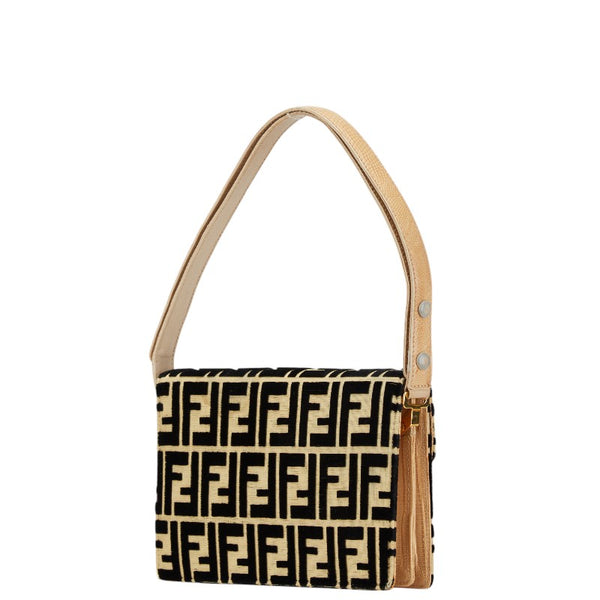 フェンディ ズッカ ショルダーバッグ ベージュ ブラック ベロア リザード レディース FENDI 【中古】