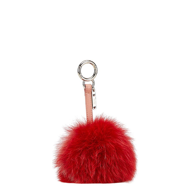 フェンディ ポンポンチャーム バッグチャーム キーホルダー レッド ピンク ファー レザー レディース FENDI 【中古】