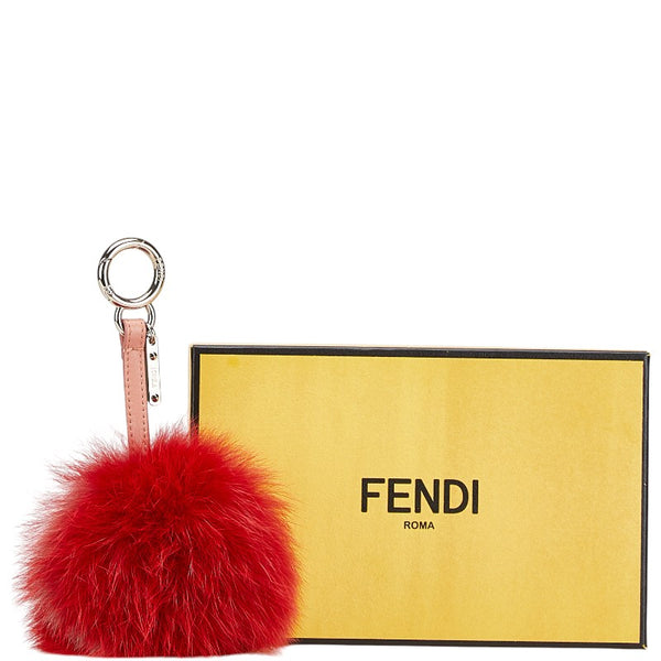 フェンディ ポンポンチャーム バッグチャーム キーホルダー レッド ピンク ファー レザー レディース FENDI 【中古】