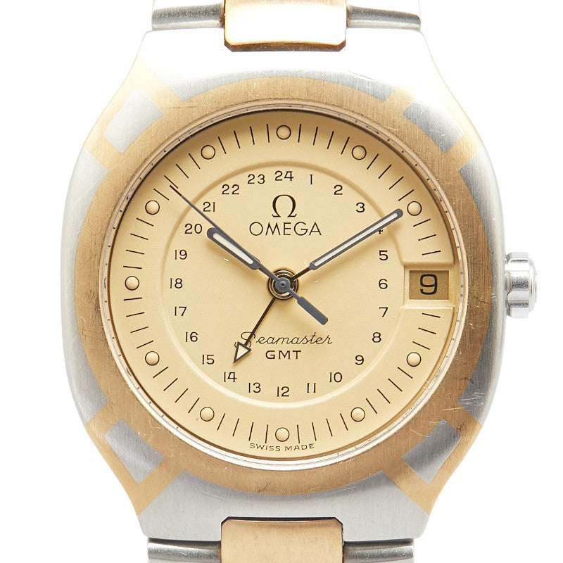 オメガ シーマスター ポラリス GMT 腕時計 クオーツ ゴールド文字盤 ステンレススチール イエローゴールド レディース OMEGA 【中古】