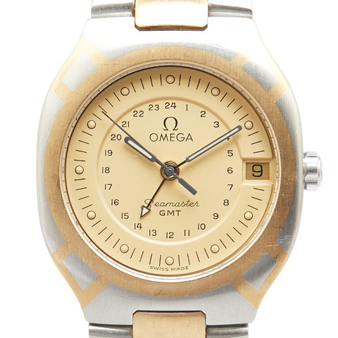 オメガ シーマスター ポラリス GMT 腕時計 クオーツ ゴールド文字盤 ステンレススチール イエローゴールド レディース OMEGA 【中古】
