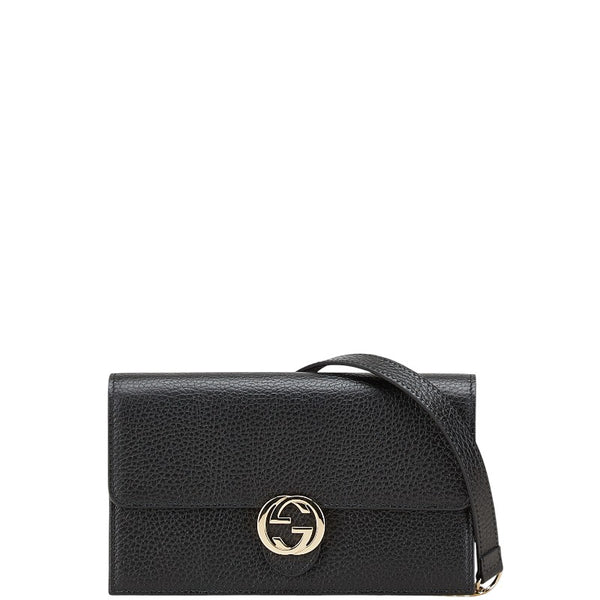 グッチ インターロッキングG チェーンウォレット ショルダーバッグ 510314 ブラック ゴールド レザー レディース GUCCI 【中古】