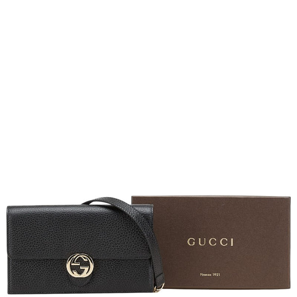 グッチ インターロッキングG チェーンウォレット ショルダーバッグ 510314 ブラック ゴールド レザー レディース GUCCI 【中古】