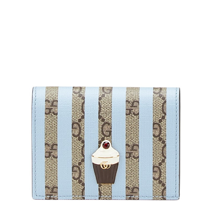 グッチ GGスプリーム アイスクリーム 二つ折り財布 コンパクトウォレット 701489 ベージュ ライトブルー PVC レザー レディース GUCCI 【中古】